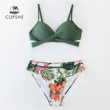 Green Floral Push Up Mid-Waist Bikini Set