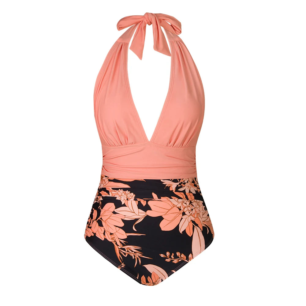 Floral Deep V-neck Halter One-Piece Swimsuit