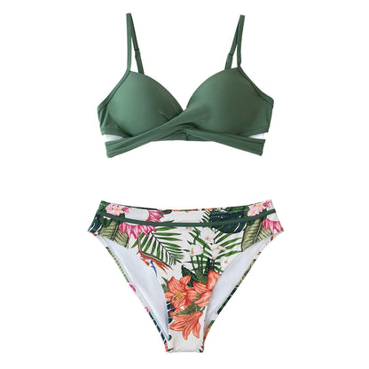 Green Floral Push Up Mid-Waist Bikini Set