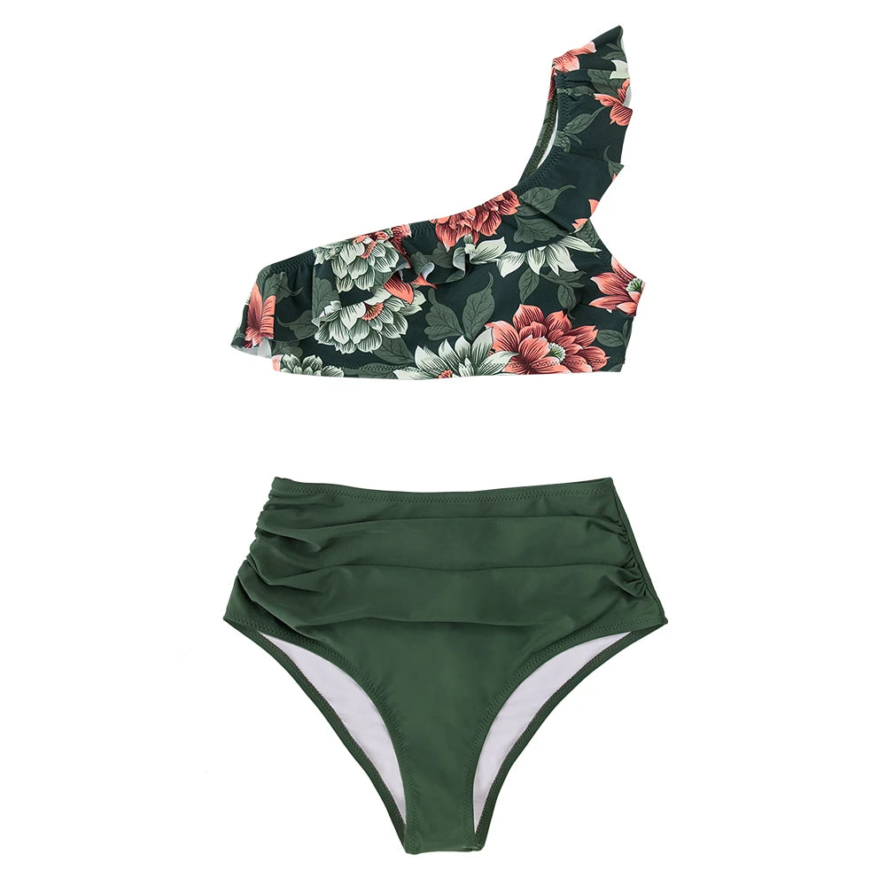 Elegant Green Floral High Waist Bikini