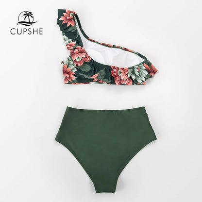 Elegant Green Floral High Waist Bikini