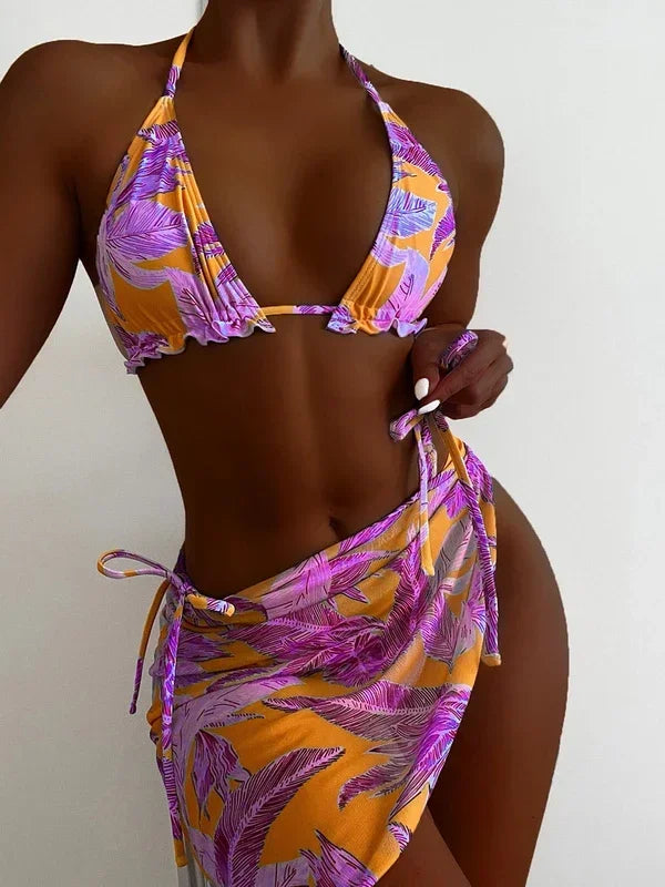 Tie Dye Halter Ruffled Bikini Set