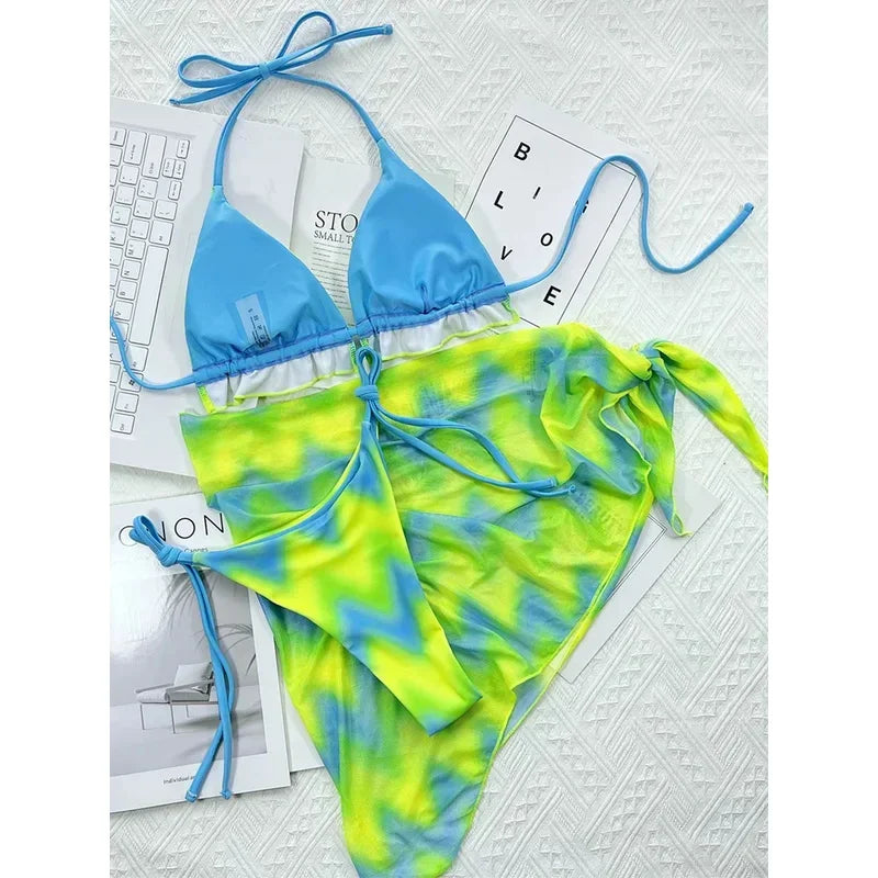 Tie Dye Halter Ruffled Bikini Set