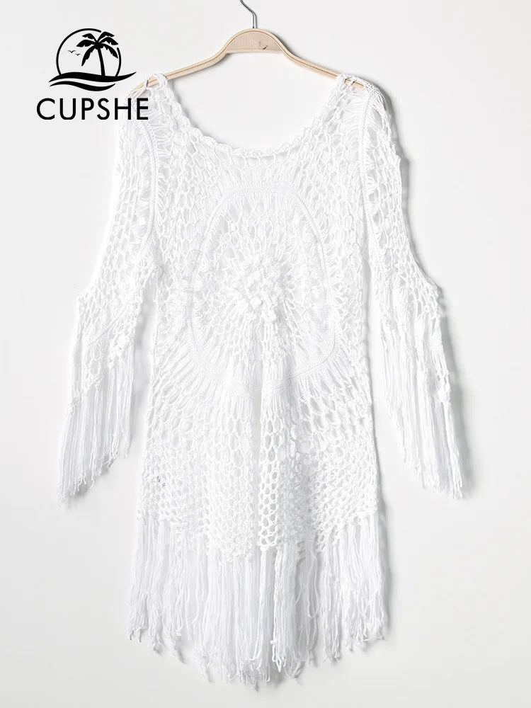 White Crochet Bikini Cover Up with Fringe Trim