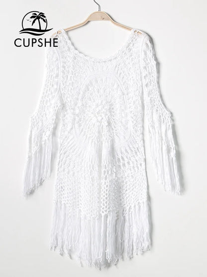 White Crochet Bikini Cover Up with Fringe Trim