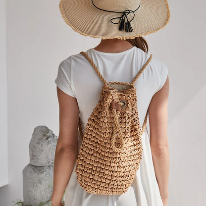 Summer Straw Drawstring Backpack