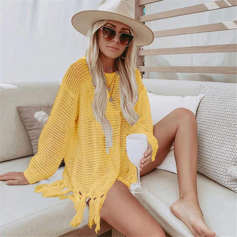 White Mesh Dress Bikini Cover-ups with Tassel